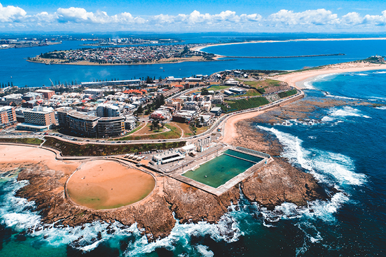 Aerial shot of Newcastle CBD and Ocean Baths